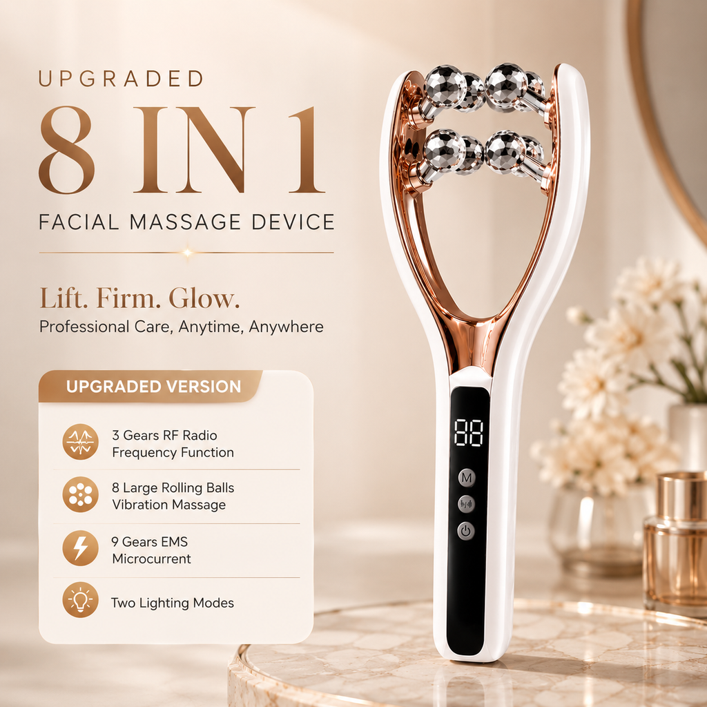 Facial Massager for Face and Neck V‑Shape Lifting Roller with Microcurrent Red Blue Light Therapy Vibrating Face Slimmer Device