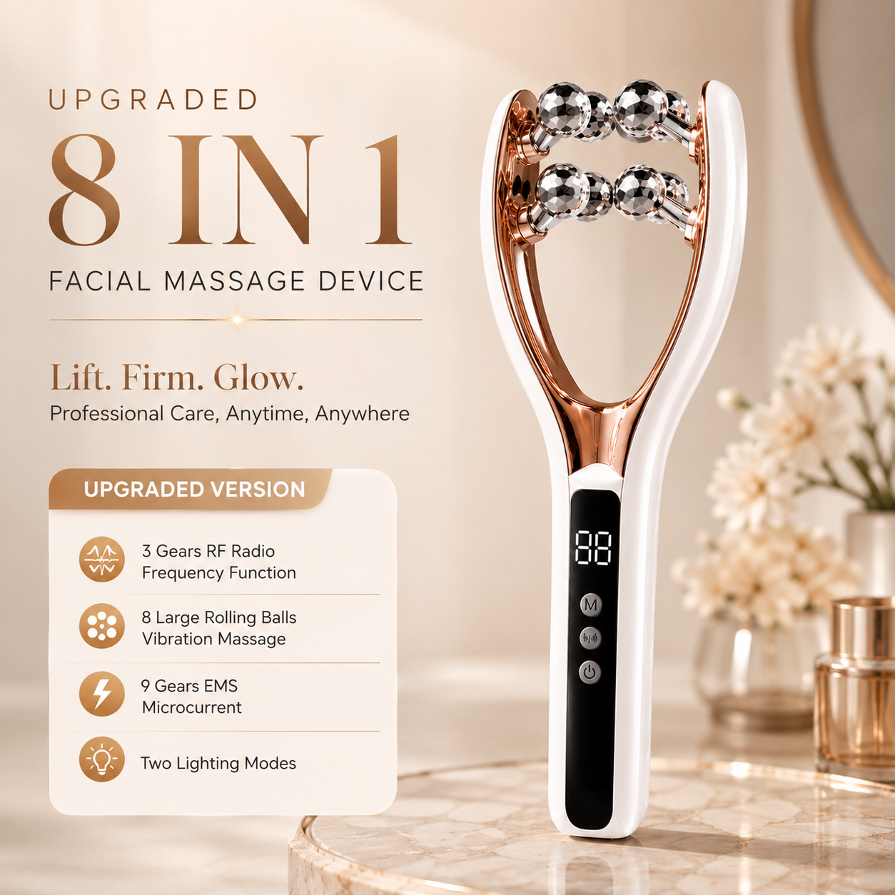 Facial Massager for Face and Neck V‑Shape Lifting Roller with Microcurrent Red Blue Light Therapy Vibrating Face Slimmer Device