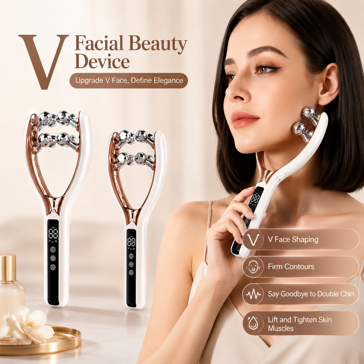 Facial Massager for Face and Neck V‑Shape Lifting Roller with Microcurrent Red Blue Light Therapy Vibrating Face Slimmer Device