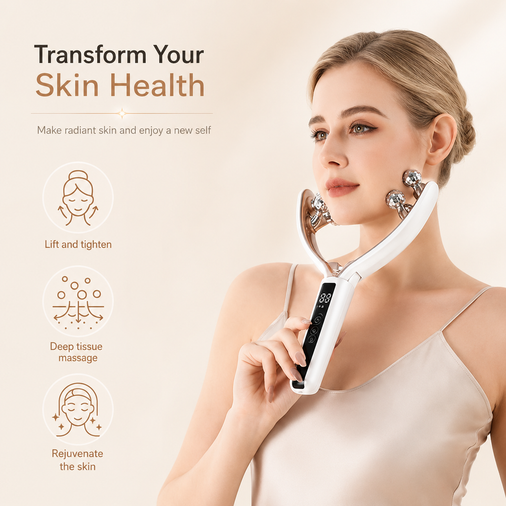 Facial Massager for Face and Neck V‑Shape Lifting Roller with Microcurrent Red Blue Light Therapy Vibrating Face Slimmer Device