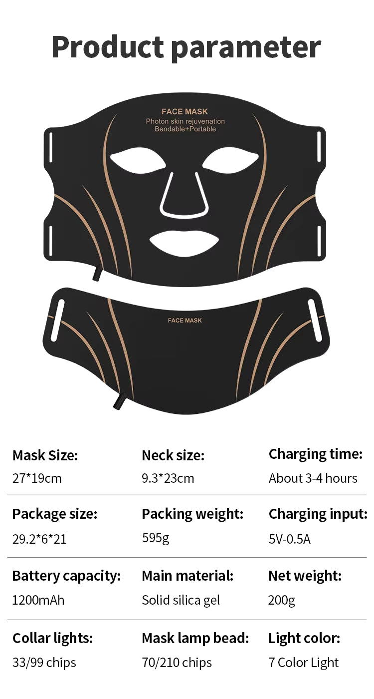 7 Color LED Face Neck Mask Wireless Silicone Red Light Facial Beauty Device Protable Skin Care Tool for Skin Rejuvenation